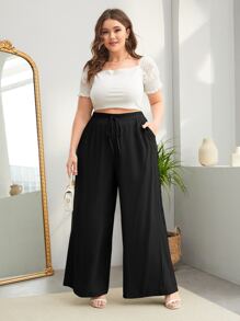 SHEIN LUNE Plus Knot Front Wide Leg Trousers - Black - View 4