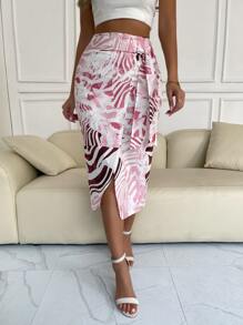 Random Allover Print Wrap Knot Side Skirt - Multicolor - View 1