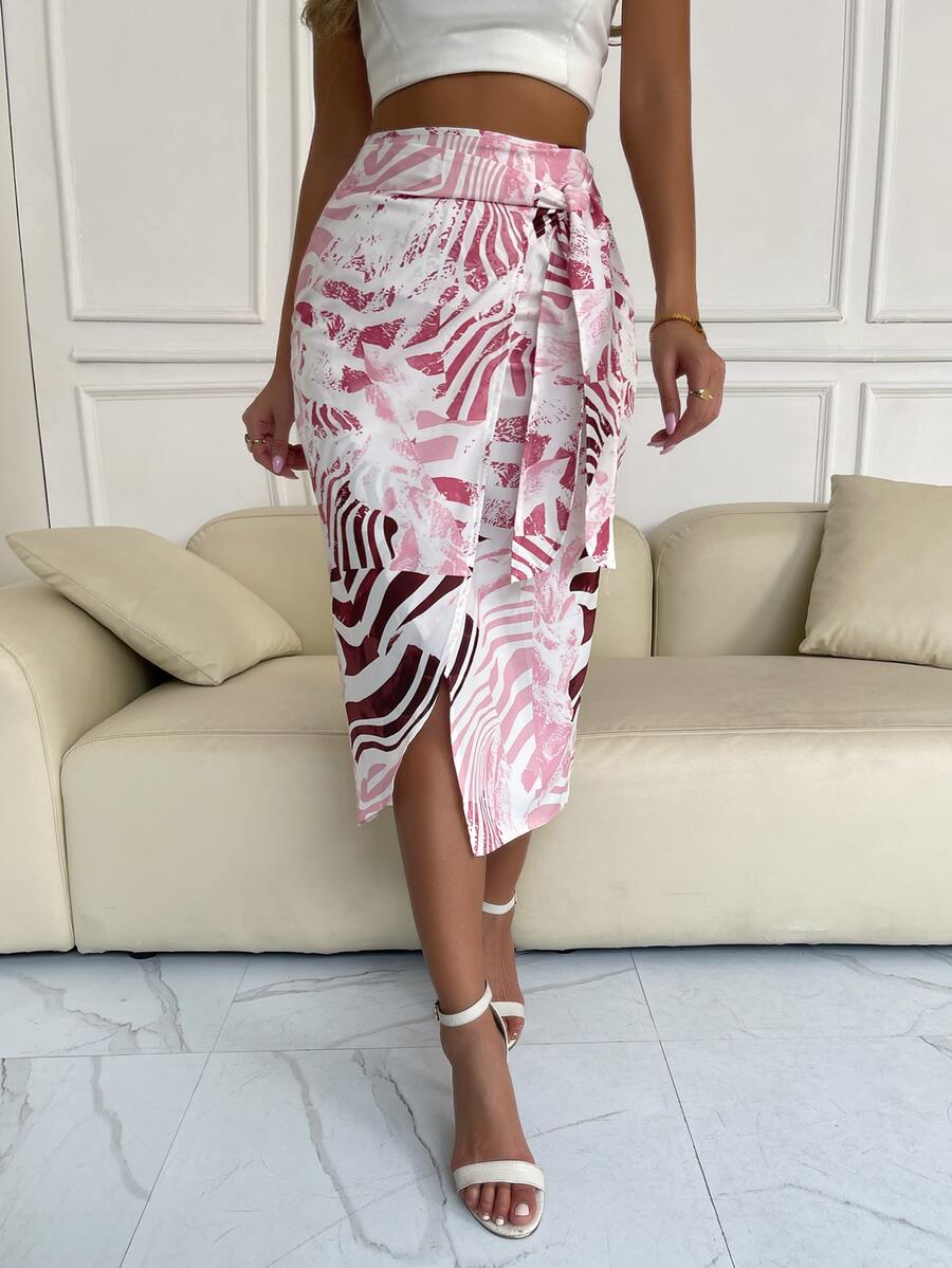 Random Allover Print Wrap Knot Side Skirt - Multicolor - View 1
