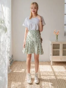 DAZY Falda con volantes con estampado floral diminuto, faldas de otoño, atuendos de vacaciones para mujeres - Multicolor - Ver 3