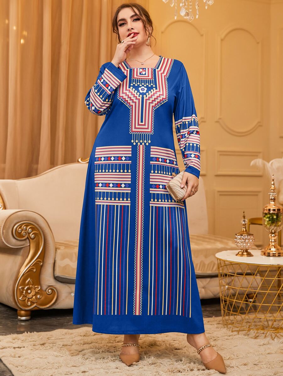 Al Najma Plus Colourful Striped & Geo Print Square Neck Tee Dress - Blue - View 1