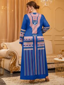 Al Najma Plus Colourful Striped & Geo Print Square Neck Tee Dress - Blue - View 2