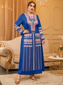 Al Najma Plus Colourful Striped & Geo Print Square Neck Tee Dress - Blue - View 5