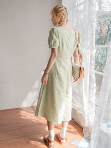 DAZY 雙色格子方領泡泡袖連衣裙 - 彩色 - 查看 2