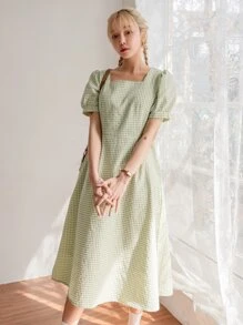 DAZY 雙色格子方領泡泡袖連衣裙 - 彩色 - 查看 3