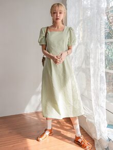 DAZY 雙色格子方領泡泡袖連衣裙 - 彩色 - 查看 4