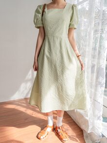 DAZY 雙色格子方領泡泡袖連衣裙 - 彩色 - 查看 6