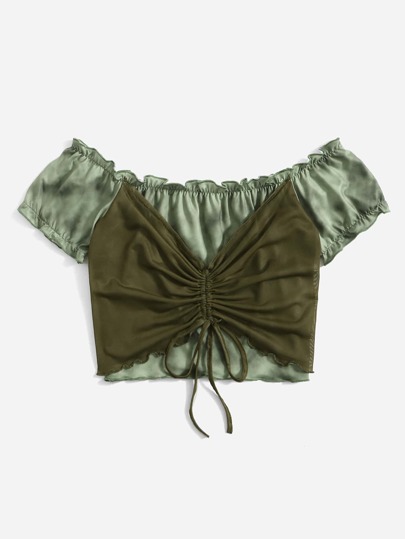 Tie Dye Colorblock Off Shoulder Drawstring Ruched Lettuce Trim Crop Top