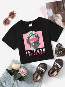 SHEIN Baby Girl Letter & Figure Graphic Tee - Black - View 1