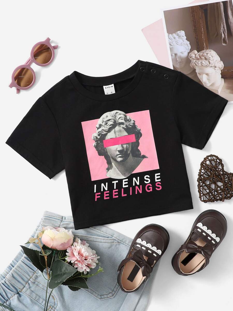 SHEIN Baby Girl Letter & Figure Graphic Tee - Black - View 1