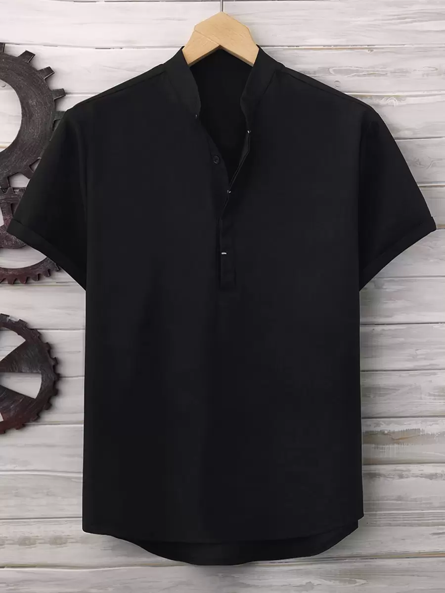 Manfinity Homme Men Solid Half Button Stand Collar Shirt - Black - View 1