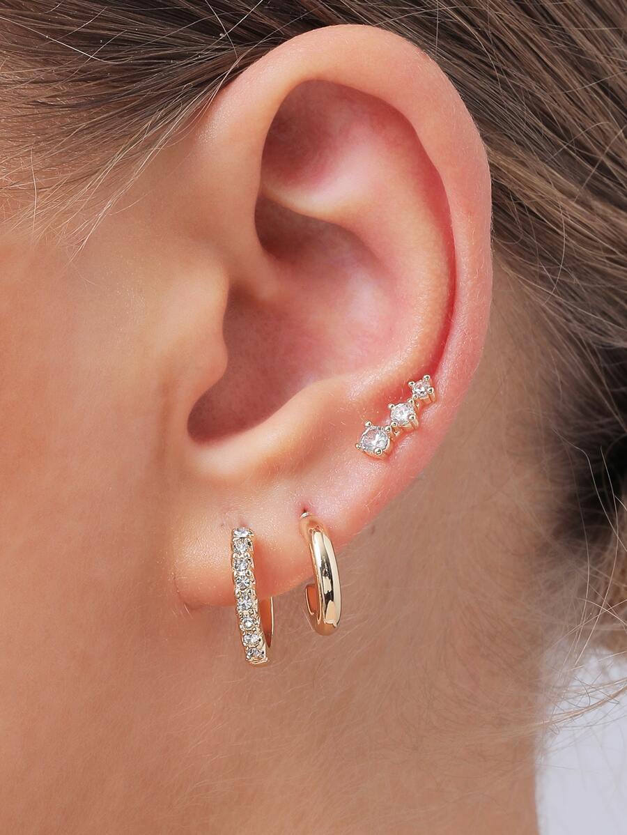 3雙水鑽裝飾耳環 - 金黃色 - 查看 1