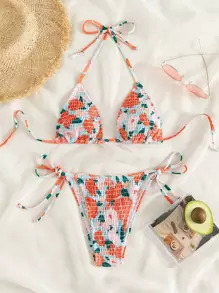 Swim Mod Ensemble de bikini floral de plage d'été, soutien-gorge triangle smocké et bas latéral à nouer, bikini 2 pièces