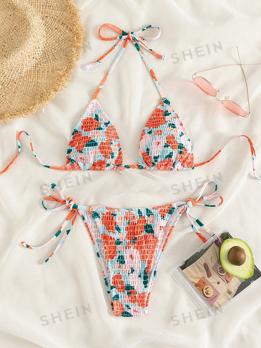 Swim Mod Sommer Strand Blumen Bikini Set mit gerafftem Neckholder, Dreiecks-BH & Bindetanga im 2-Teile Design - Verschiedenfarbig - Übersicht 1