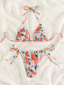 Swim Mod Ensemble de bikini floral de plage d'été, soutien-gorge triangle smocké et bas latéral à nouer, bikini 2 pièces