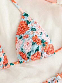 Swim Mod Ensemble de bikini floral de plage d'été, soutien-gorge triangle smocké et bas latéral à nouer, bikini 2 pièces
