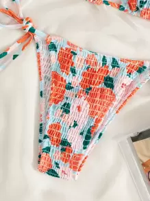 Swim Mod Ensemble de bikini floral de plage d'été, soutien-gorge triangle smocké et bas latéral à nouer, bikini 2 pièces