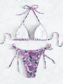 Floral Bikini Set Smocked Halter Triangle Bra & Tie Side Bottom 2 Pieces Bikini Summer Beach - Multicolor - View 2
