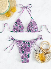 Floral Bikini Set Smocked Halter Triangle Bra & Tie Side Bottom 2 Pieces Bikini Summer Beach - Multicolor - View 3