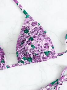 Floral Bikini Set Smocked Halter Triangle Bra & Tie Side Bottom 2 Pieces Bikini Summer Beach - Multicolor - View 5
