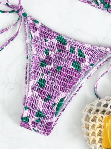 Floral Bikini Set Smocked Halter Triangle Bra & Tie Side Bottom 2 Pieces Bikini Summer Beach - Multicolor - View 6