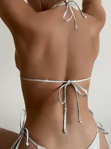 SHEIN Swim 夏日海滩蛇皮印花挂脖三角比基尼上衣 - 銀色 - 查看 2