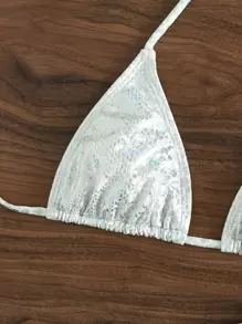 SHEIN Swim 夏日海滩蛇皮印花挂脖三角比基尼上衣 - 銀色 - 查看 3