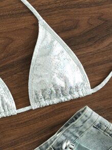 SHEIN Swim 夏日海滩蛇皮印花挂脖三角比基尼上衣 - 銀色 - 查看 4