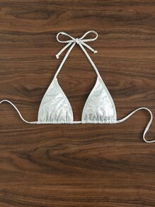 SHEIN Swim 夏日海滩蛇皮印花挂脖三角比基尼上衣 - 銀色 - 查看 5