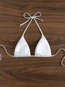 SHEIN Swim 夏日海滩蛇皮印花挂脖三角比基尼上衣 - 銀色 - 查看 6