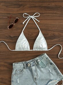 SHEIN Swim 夏日海滩蛇皮印花挂脖三角比基尼上衣 - 銀色 - 查看 7