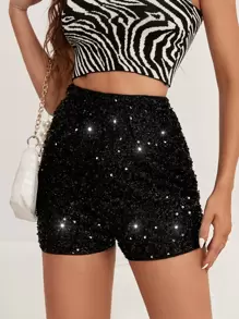Shorts de talle alto con lentejuelas - Negro - Ver 1