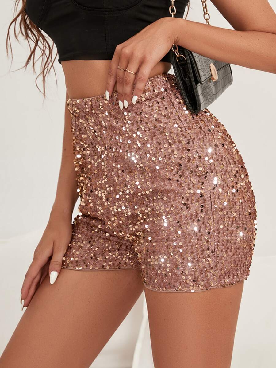 High Waist Sequin Shorts - Champagne - View 1
