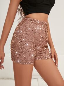 High Waist Sequin Shorts - Champagne - View 3
