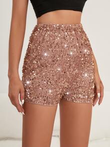 High Waist Sequin Shorts - Champagne - View 5