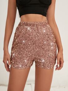 High Waist Sequin Shorts - Champagne - View 6