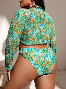 Plus Size 3packs Tropical Print Knot Front Halter Tankini Summer Beach - Multicolor - View 2