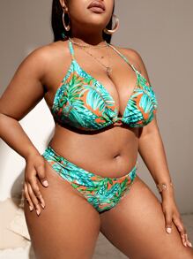 Plus Size 3packs Tropical Print Knot Front Halter Tankini Summer Beach - Multicolor - View 3