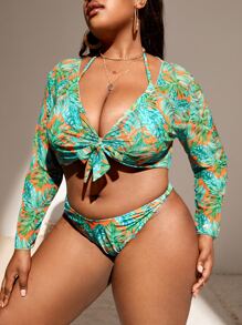 Plus Size 3packs Tropical Print Knot Front Halter Tankini Summer Beach - Multicolor - View 4