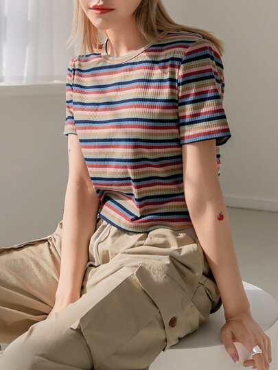 Block Striped Crew Neck Tee,Crop Tops Women