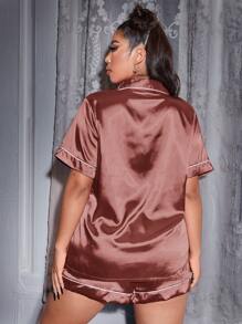 Plus Contrast Binding Satin Pyjama Set - Rust Brown - View 2