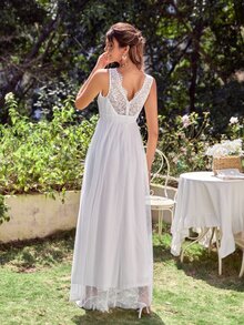 Contrast Eyelash Lace Mesh Hem Wedding Dress Without Veil - White - View 2