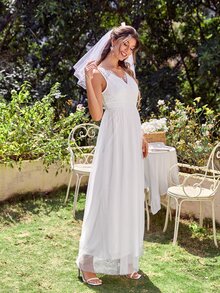 Contrast Eyelash Lace Mesh Hem Wedding Dress Without Veil - White - View 4