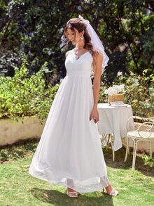 Contrast Eyelash Lace Mesh Hem Wedding Dress Without Veil - White - View 5