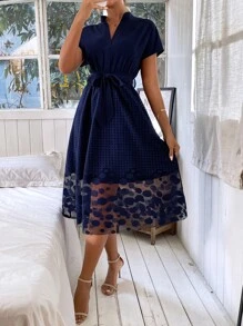 SHEIN Clasi Dolman Sleeve Contrast Geo Mesh Belted Dress - Navy Blue - View 1