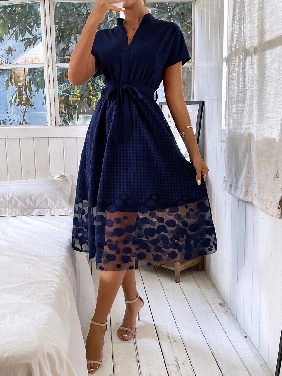 SHEIN Clasi Dolman Sleeve Contrast Geo Mesh Belted Dress - Navy Blue - View 1