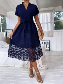 SHEIN Clasi Dolman Sleeve Contrast Geo Mesh Belted Dress - Navy Blue - View 3