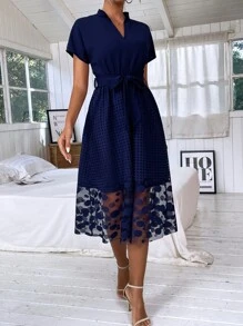 SHEIN Clasi Dolman Sleeve Contrast Geo Mesh Belted Dress - Navy Blue - View 5