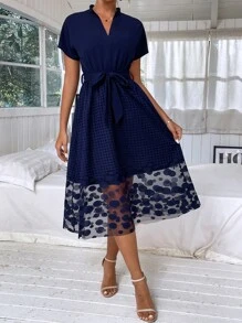 SHEIN Clasi Dolman Sleeve Contrast Geo Mesh Belted Dress - Navy Blue - View 6