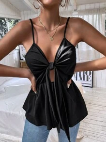 Top de tirantes peplum con cordón delantero - Negro - Ver 2